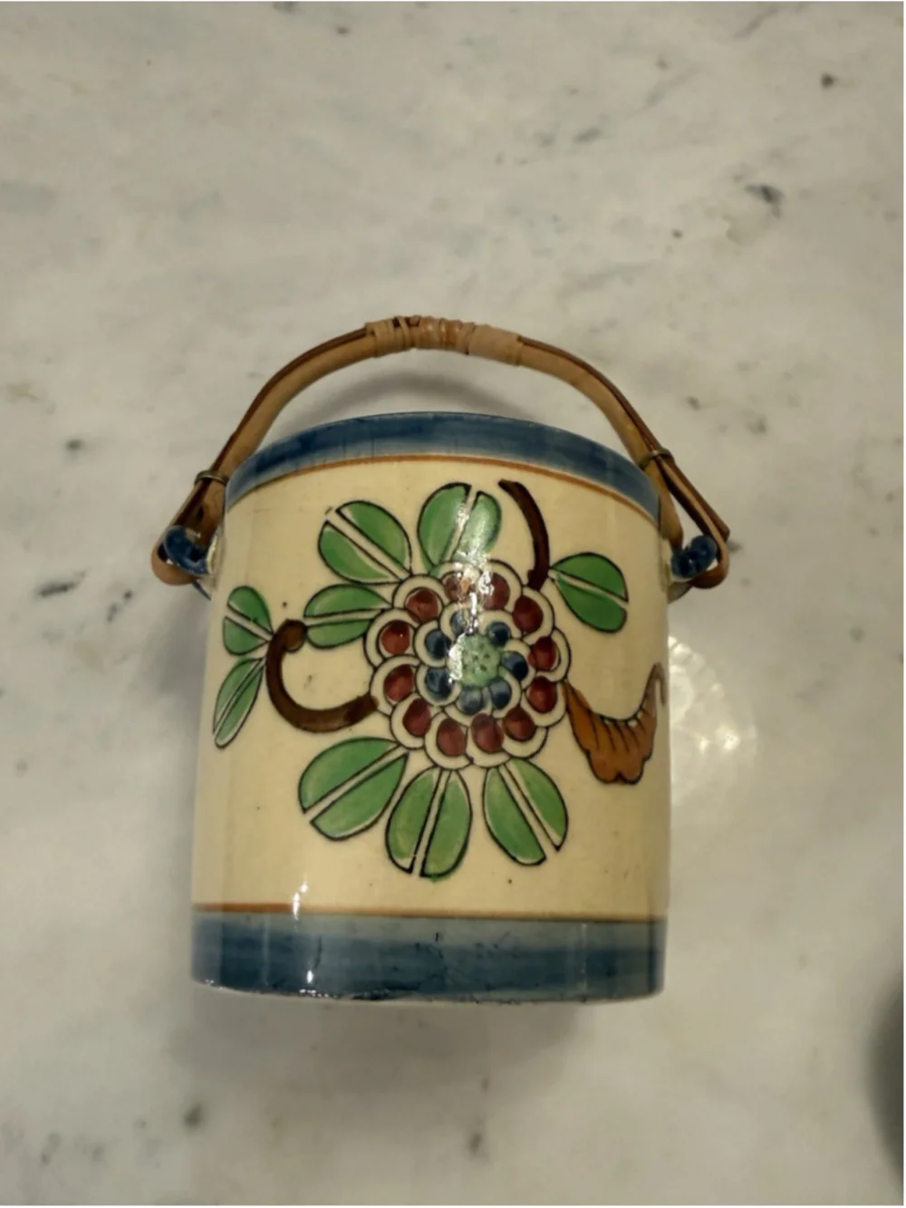 Antique 1920s-40s Hand Painted Japan K Mark Biscuit Jar Bamboo Handle Floral